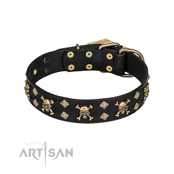 Handy use dog collar of quality genuine leather with studs