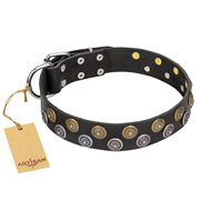 "Romantic Breeze" FDT Artisan Black Leather Riesenschnauzer Collar with Sparkling Circles