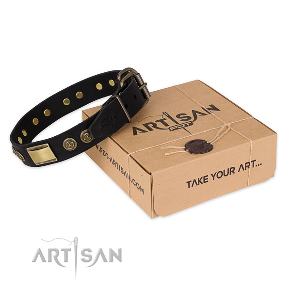 Corrosion resistant hardware on full grain natural leather dog collar for comfy wearing