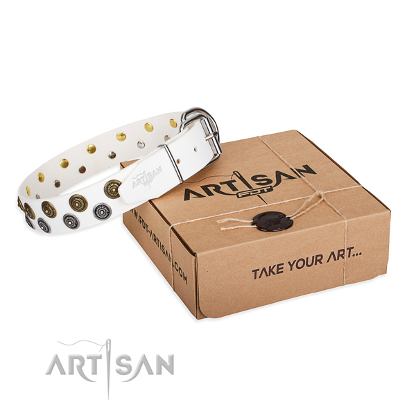 Easy wearing dog collar of strong full grain genuine leather with decorations