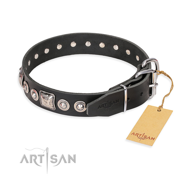 Full grain genuine leather dog collar made of flexible material with strong decorations