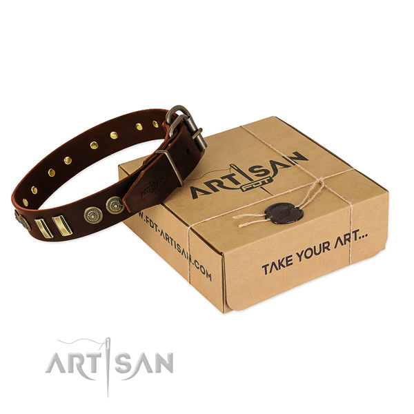 Strong traditional buckle on genuine leather dog collar for your four-legged friend