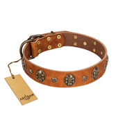"Rockstar" FDT Artisan Tan Leather Riesenschnauzer Collar with Engraved Studs and Medallions