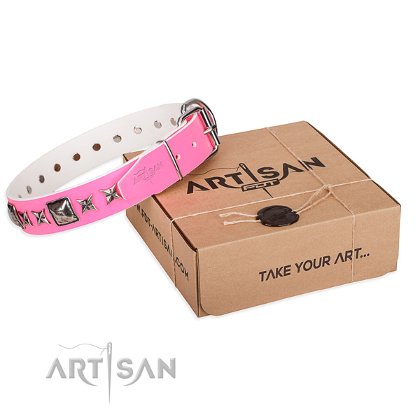 Fancy walking genuine leather dog collar with decorations