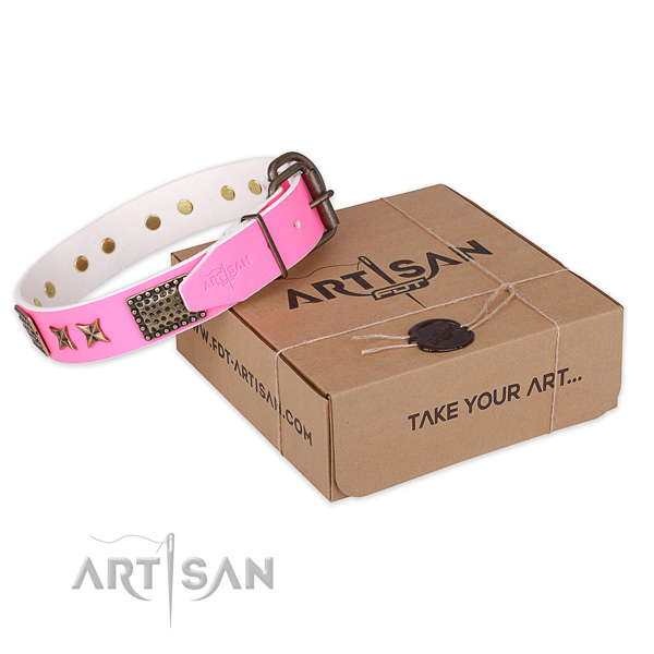 Strong traditional buckle on natural genuine leather collar for your impressive dog