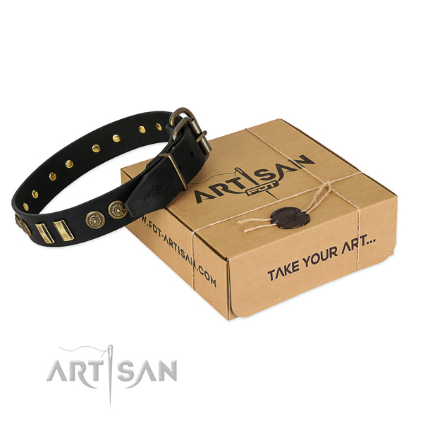 Corrosion resistant D-ring on genuine leather dog collar for your pet