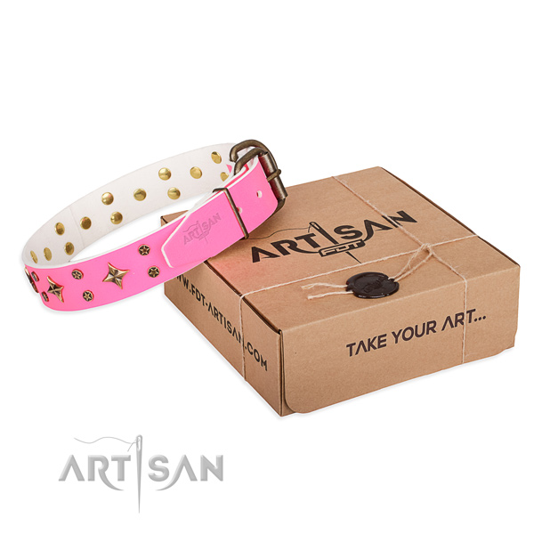 Handy use dog collar of strong full grain leather with decorations