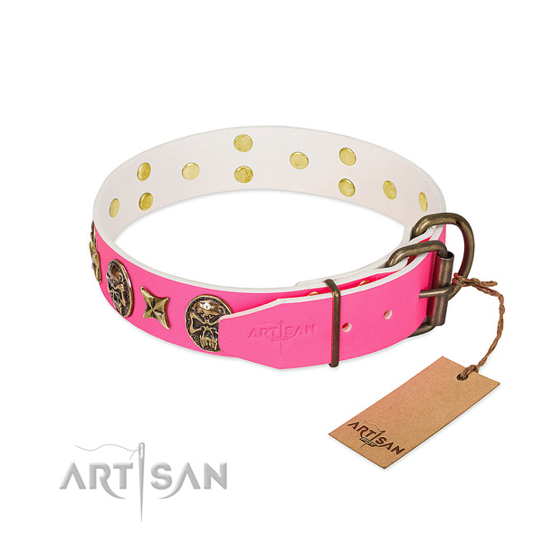 Corrosion proof D-ring on natural genuine leather collar for everyday walking your pet
