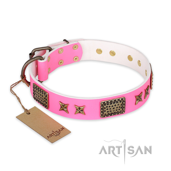 Adjustable full grain natural leather dog collar with reliable buckle