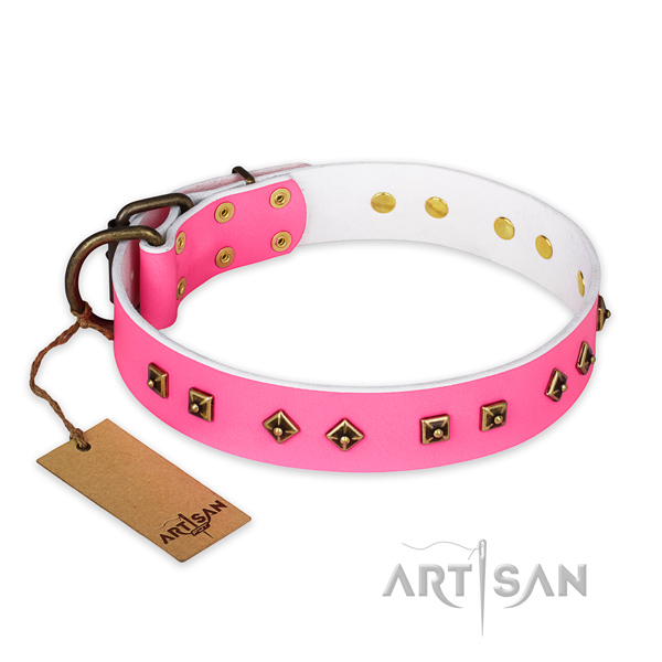 Embellished leather dog collar with rust resistant D-ring