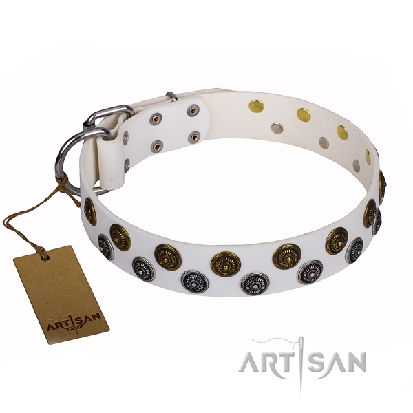 Comfy wearing dog collar of top quality full grain genuine leather with embellishments