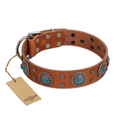 "Blue Sands" FDT Artisan Tan Leather Riesenschnauzer Collar with Silver-like Studs and Round Conchos with Stones