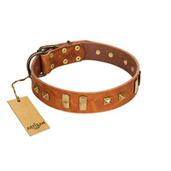 "Sand of Time" FDT Artisan Tan Leather Riesenschnauzer Collar with Old Bronze-like Studs and Plates