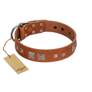 "Egyptian Gifts" Handmade FDT Artisan Tan Leather Riesenschnauzer Collar with Chrome-plated Pyramids