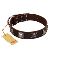 "Nut-Brown Finery" Embellished FDT Artisan Brown Leather Riesenschnauzer Collar with Chrome Plated Crossbones and Plates