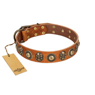 "Golden Epoch" FDT Artisan Tan Leather Riesenschnauzer Collar with Old Bronze-plated Medallions and Conchos