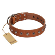 "Broadway" Handmade FDT Artisan Tan Leather Riesenschnauzer Collar with Dotted Pyramids