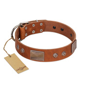 "Great Obelisk" Handcrafted FDT Artisan Tan Leather Riesenschnauzer Collar with Large Plates and Pyramids